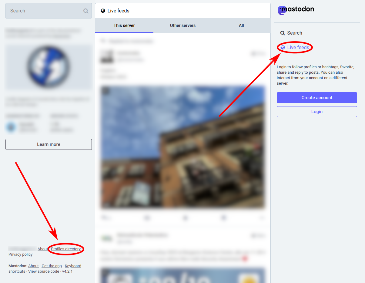 Una schermata che mostra la homepage web di un’Istanza Mastodon con i link “Live feeds” (“Feed dal vivo”) e “Profiles directory” (“Cartella dei profili”) evidenziati da due cerchi rossi.