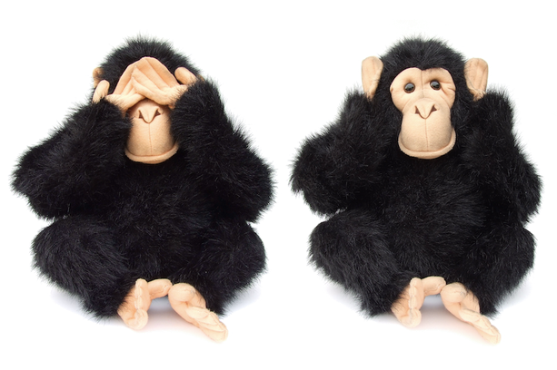 Dois macacos de pelúcia , um cobrindo as orelhas, o outro cobrindo os olhos. Foto de Streuli Silvan.