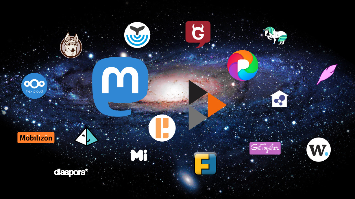 Logotipos de muitas plataformas de redes sociais FOSS em frente a uma imagem de uma galáxia.