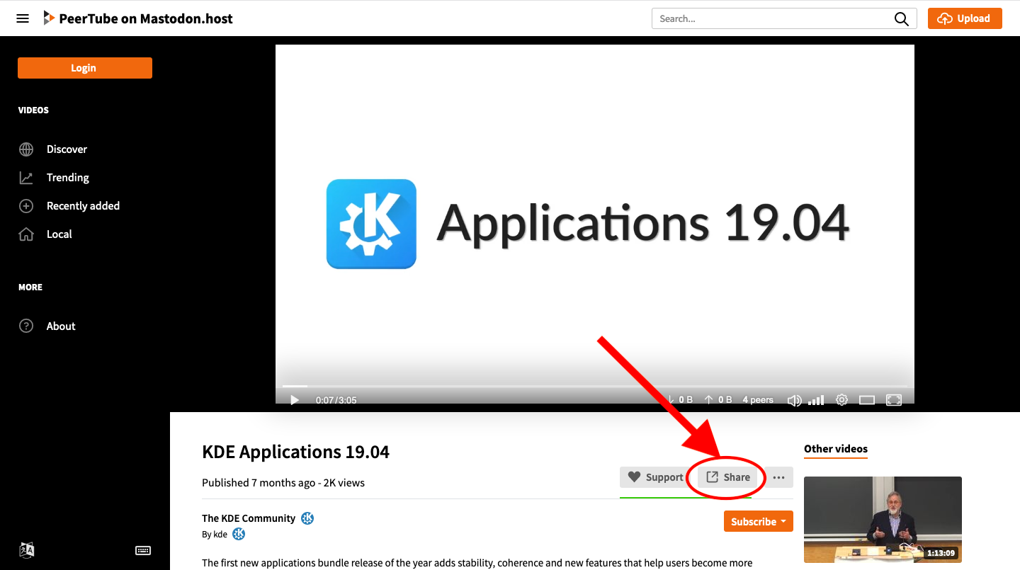 A screenshot showing a PeerTube Instance with the “Share” button of a video post highlighted by a red circle that is pointed to by a red arrow.