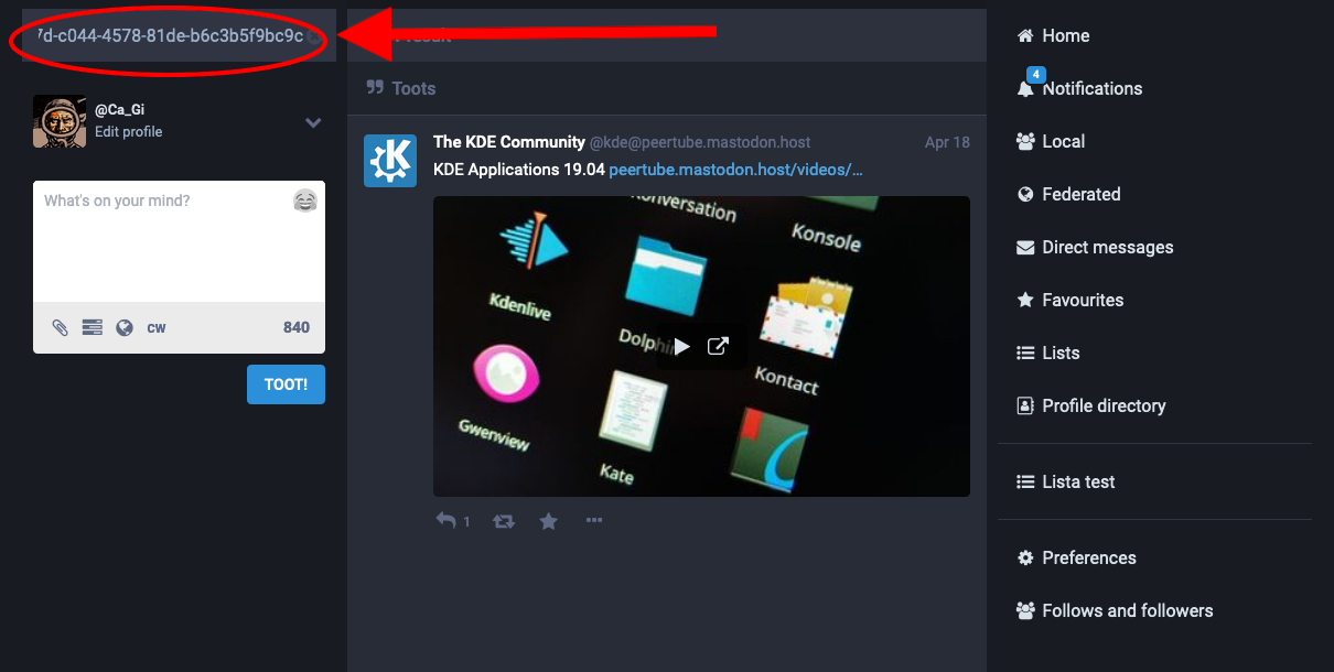 A screenshot showing the main page of a Mastodon Instance website, with the search box filled with the URL of the video post that is already showing prominently in the center column of the page itself.